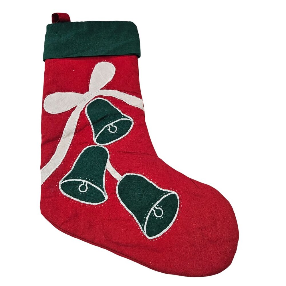 American Pacific Stocking Red Green Trim Bells White Bows Vintage Christmas